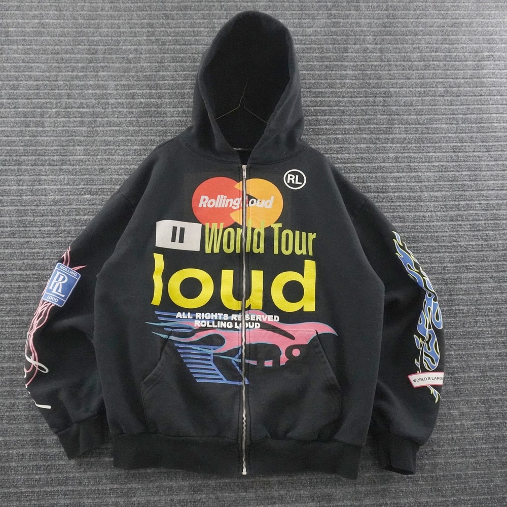Rolling Loud World Tour 2024 Zip Up Hoodie XL Black Festival Flame Sleeves